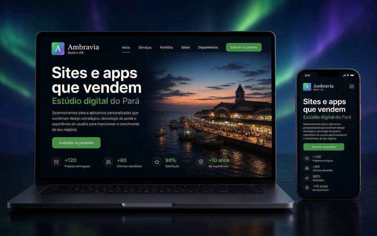 Notebook e smartphone mostrando site e aplicativo feitos em Belém